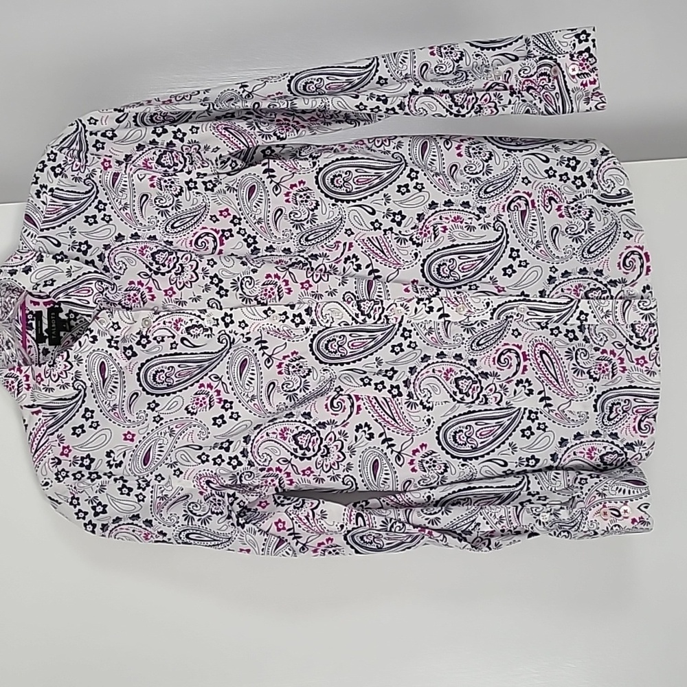 Talbots No Iron Cotton Shirt. Navy And Purple Paisley.